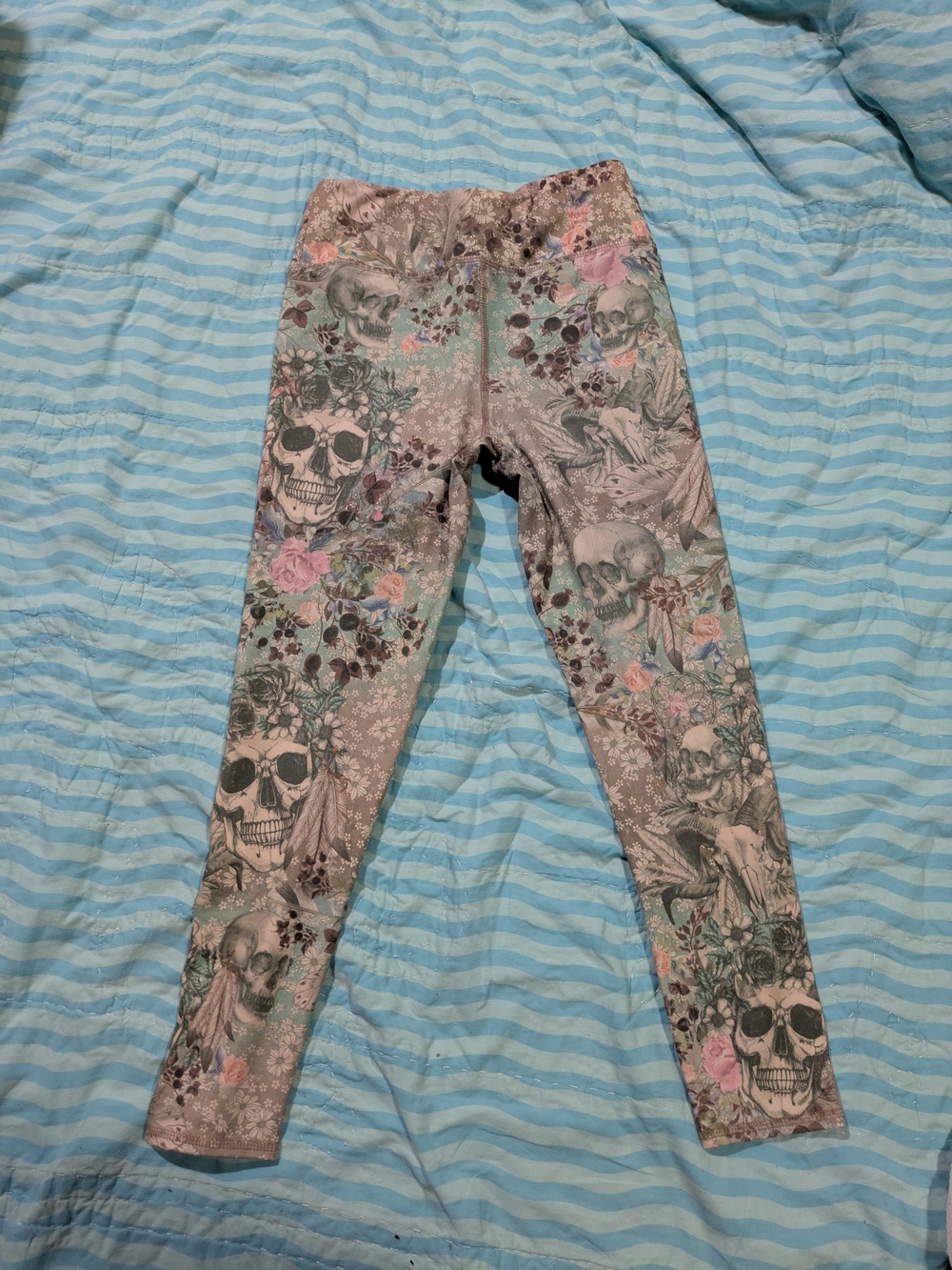 Floral Skull Print Leggings - Pink & Green